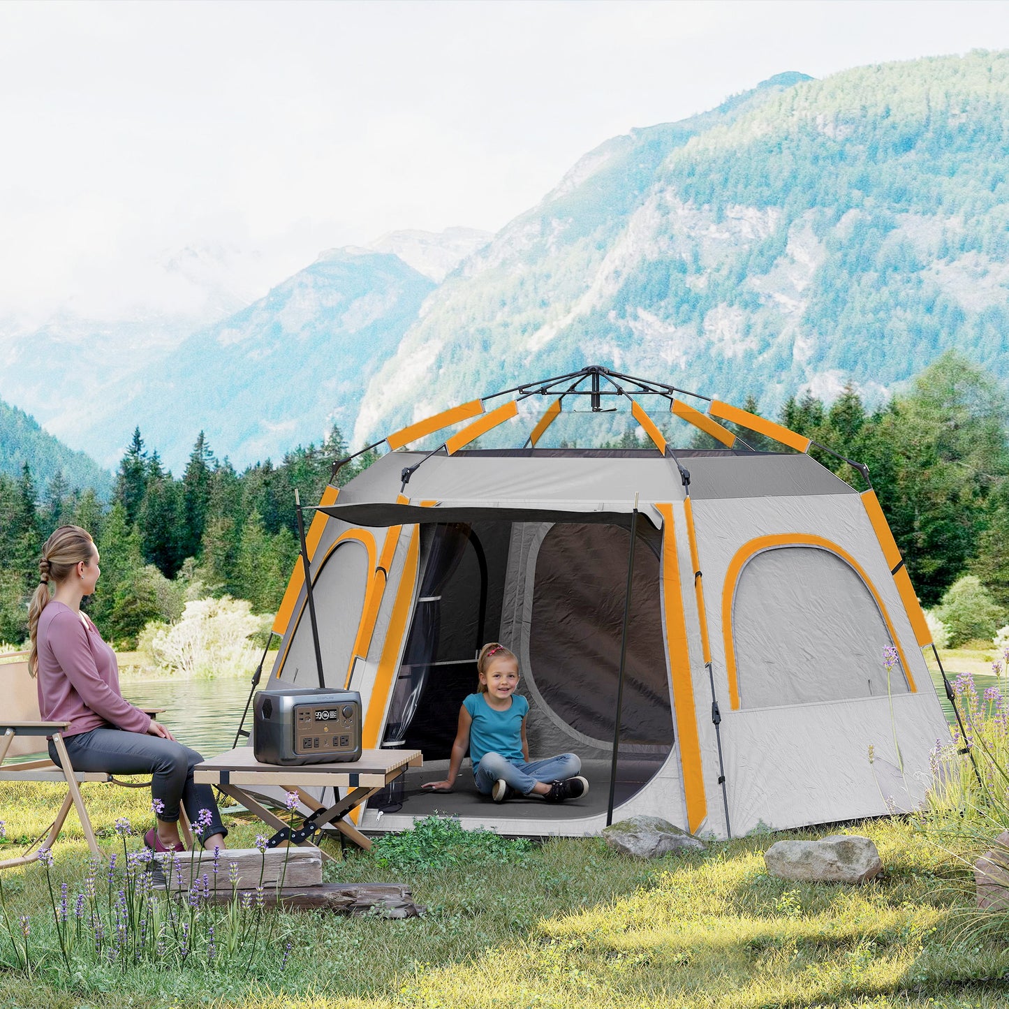 Outsunny Instant Camping Tent, 2/3/4 Person Easy Setup Dome Family Tent with Vestibule, Rainfly, 4 Mesh Windows & 2 Doors, Hexagonal Design, Waterproof & UV Protected, Light Grey