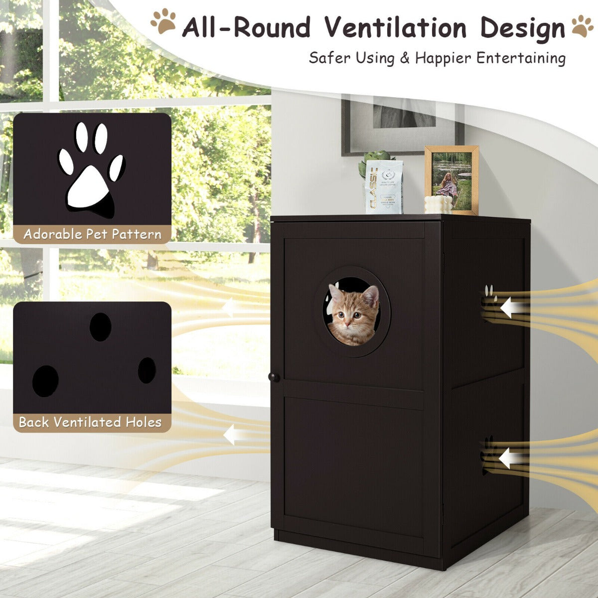 2-Tier Kitty Hidden Washroom Toilet with Entrance Hole and Door-Coffee