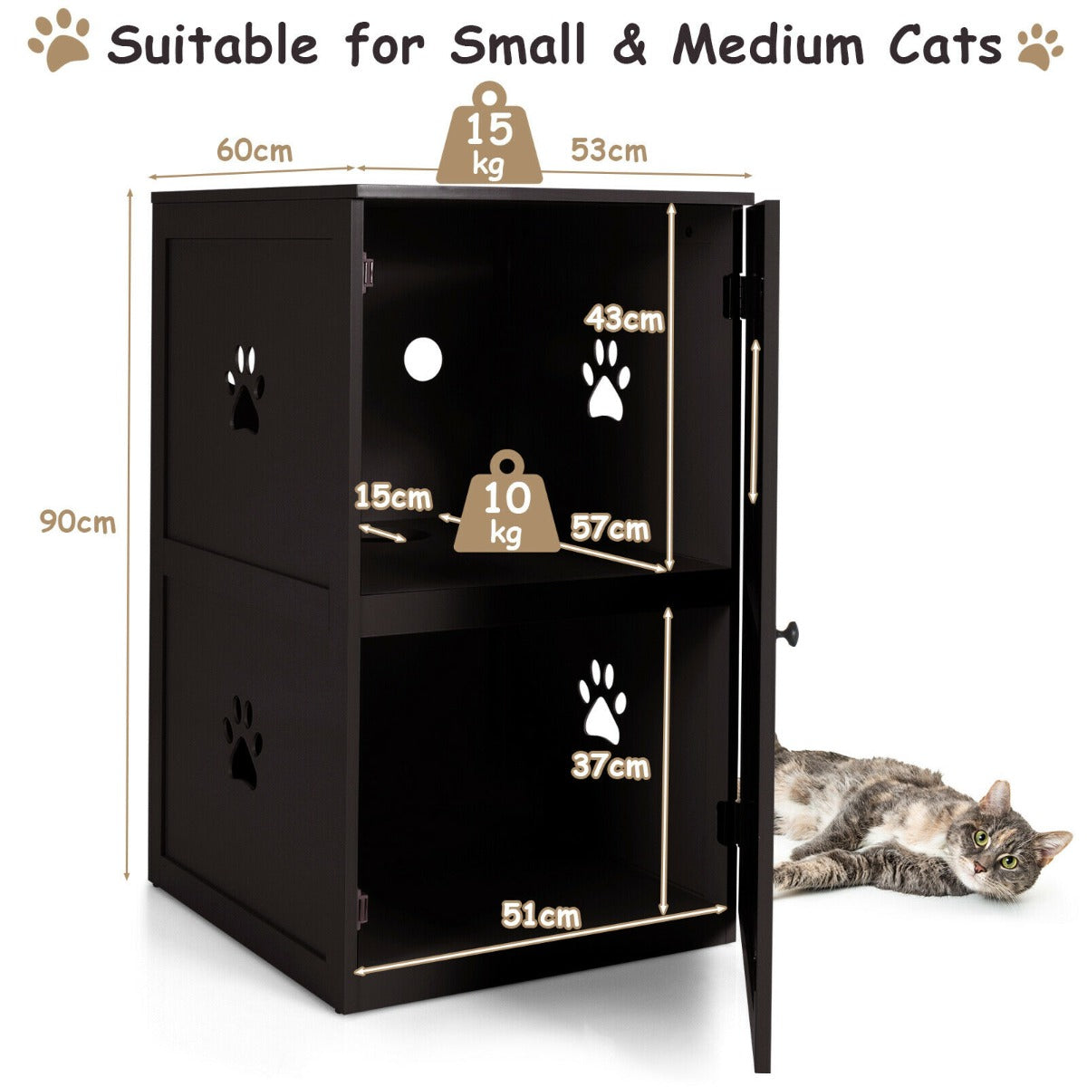 2-Tier Kitty Hidden Washroom Toilet with Entrance Hole and Door-Coffee