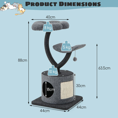 3-Tier Cat Tower for Indoor Cats with Sisal Covered Scratching Board-Grey
