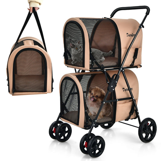 Double Pet Stroller with 2 Detachable Carriers and Cushions-Beige