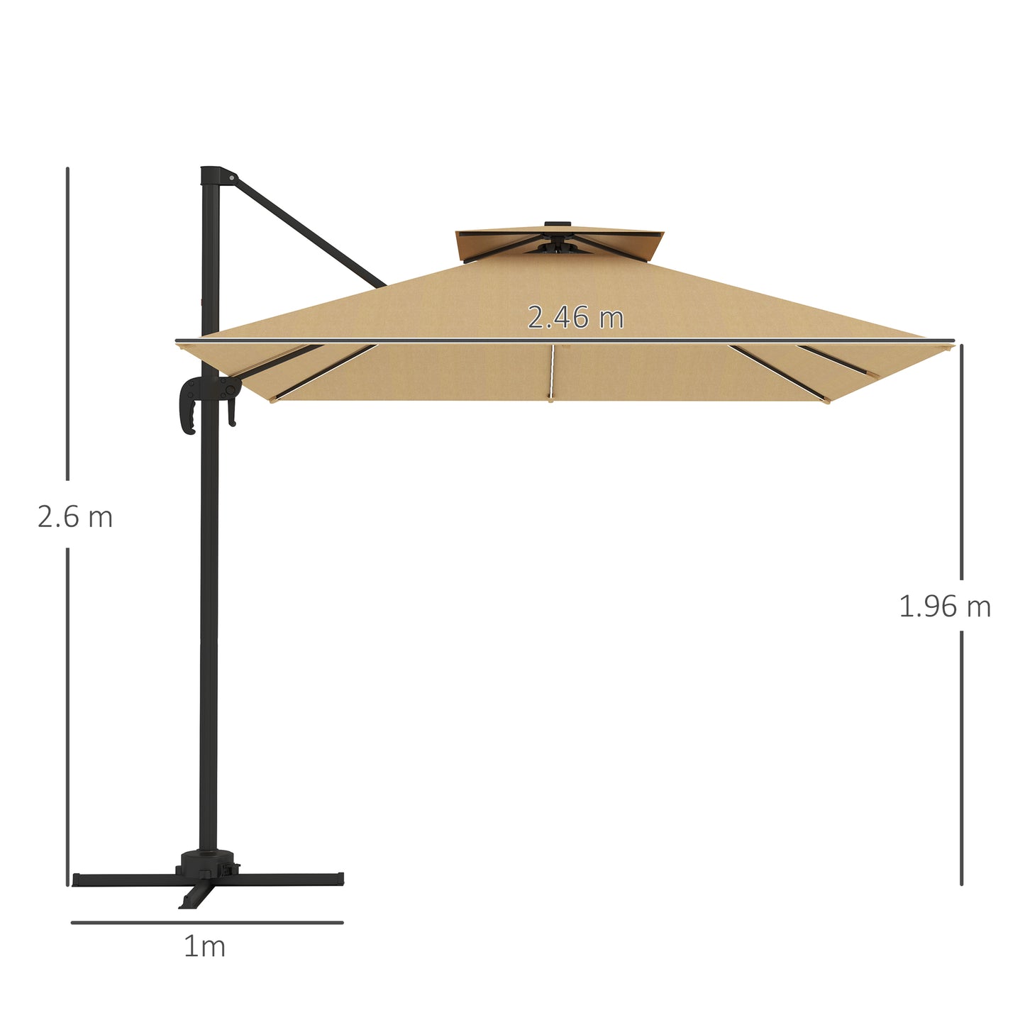 Outsunny 2.5m Cantilever Parasol with Solar Powered LED Lights, 360° Rotation, Tilt Adjustment, Crank Handle, Khaki