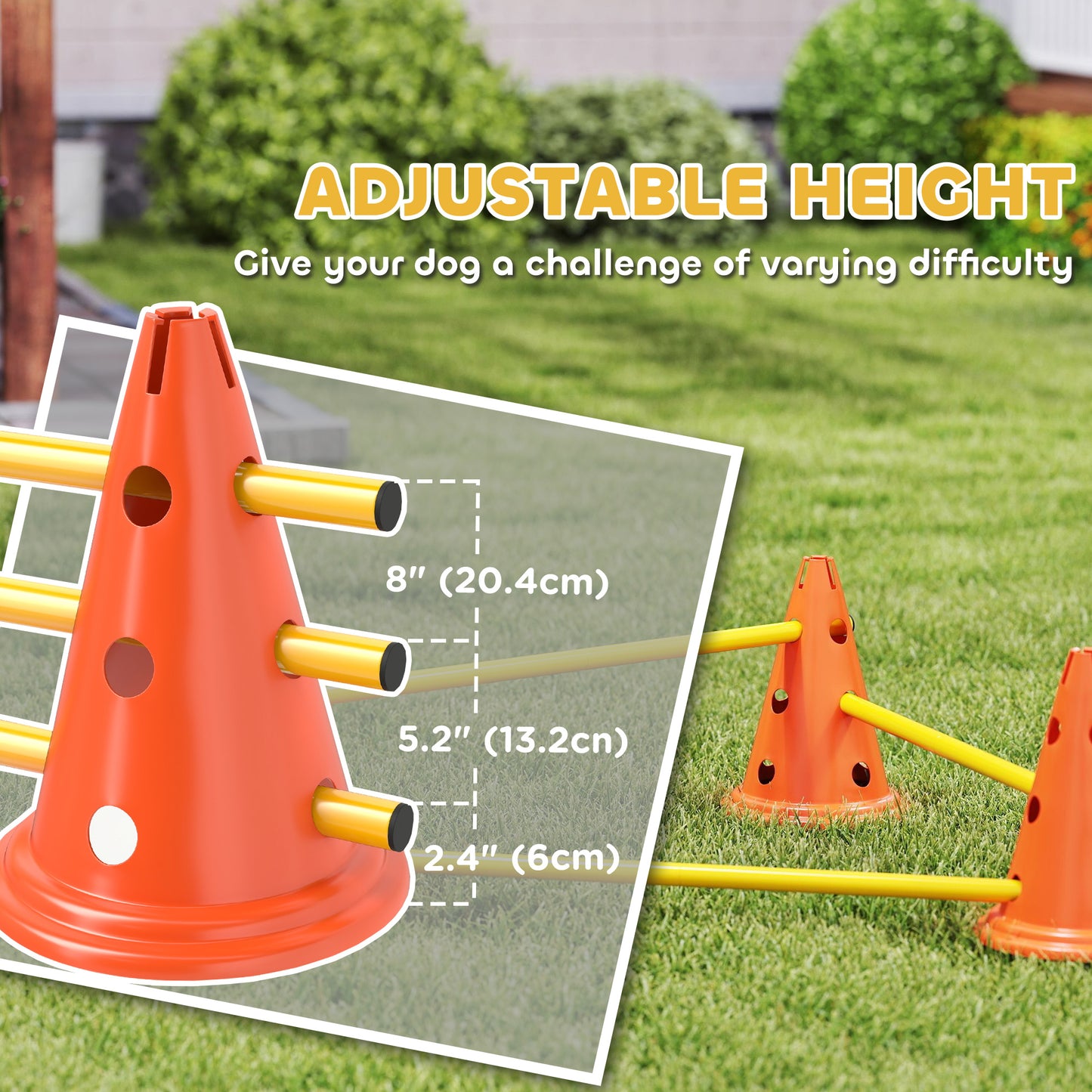 PawHut Dog Agility Equipment Set of Six Cones, Six Poles with Carry Bag, Three-Piece Adjustable Height Jumping Obstacles, Orang