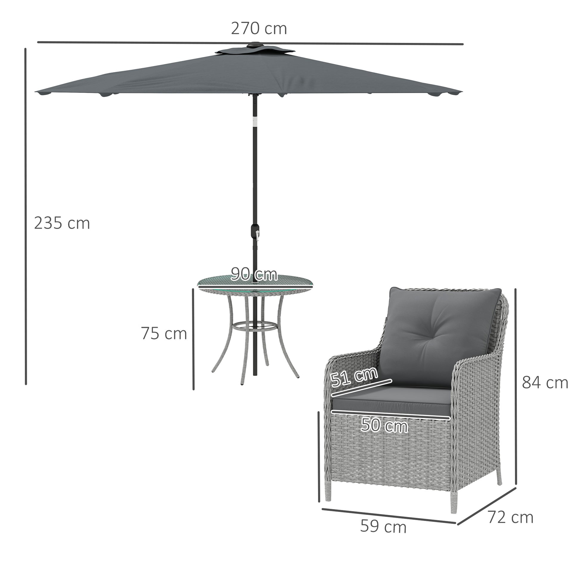 Outsunny 4 Seater Rattan Dining Set with Parasol & Cushions - Light Grey