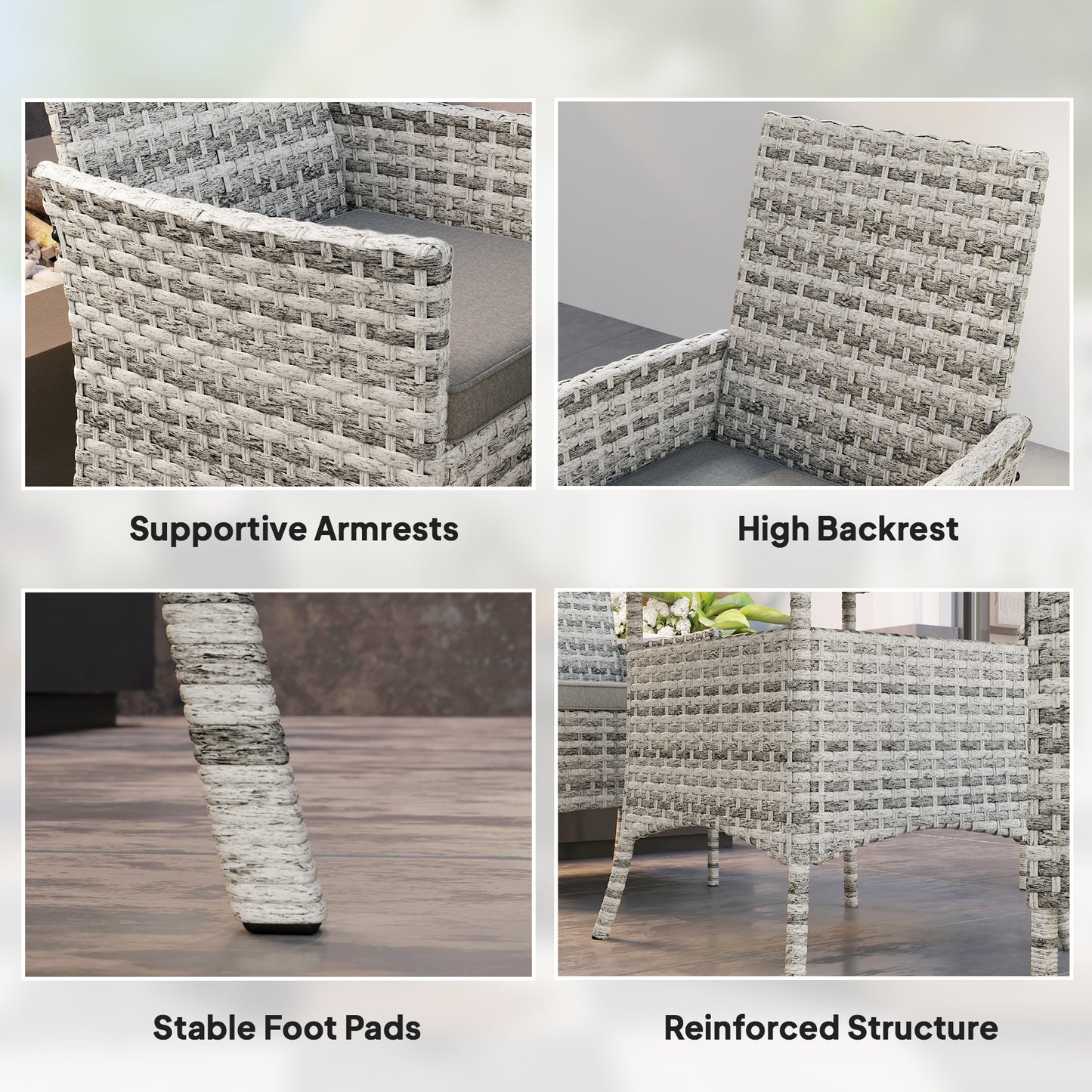Outsunny Rattan Garden Furniture Set, Outdoor Dining Table and Chairs 4 Seater with Cushions, Square Tempered Glass Top, 4 Armchairs, for Balcony, Terrace, Conservatory, Mixed-Grey