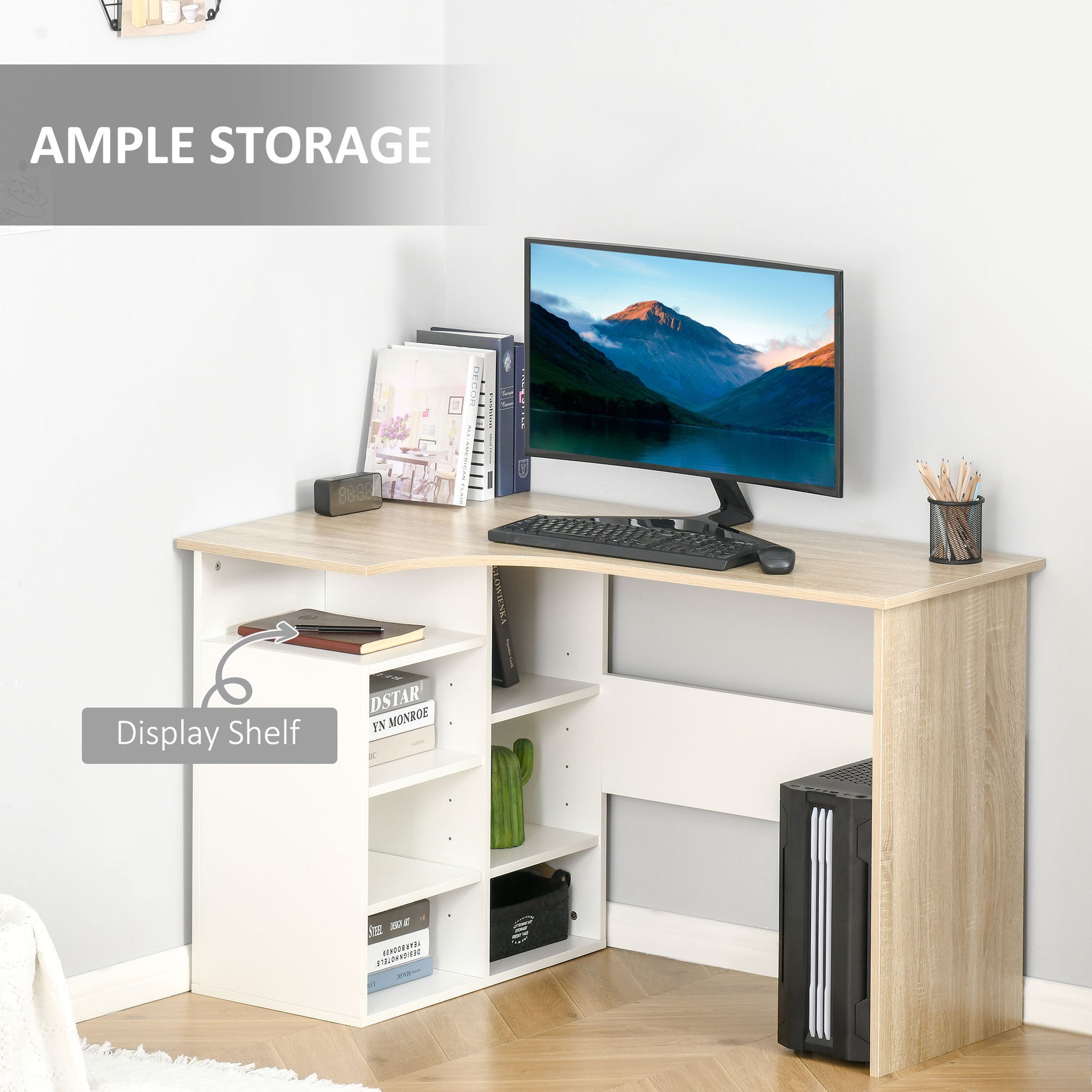 HOMCOM L-Shaped Corner Computer Desk Study Table PC Work w/ Storage Shelf Office Home Workstation - Oak Tone and White