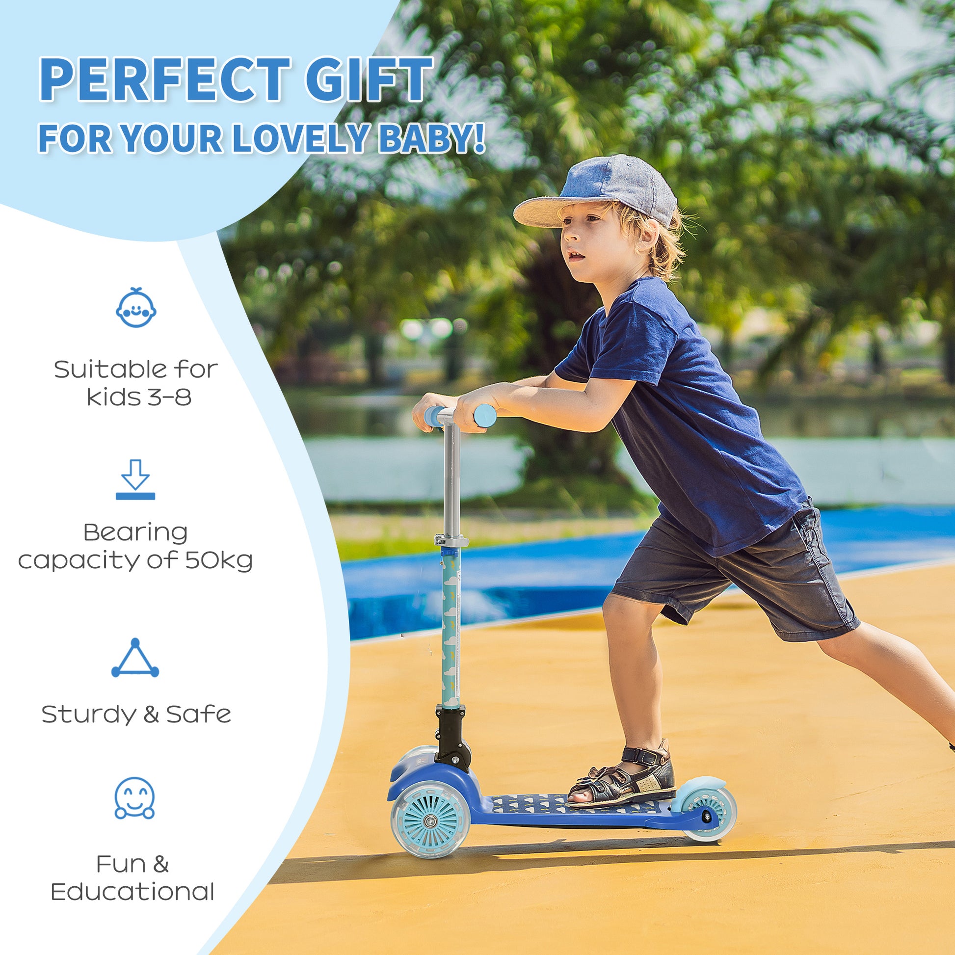 HOMCOM Scooter for Kids Toddler Foldable Kick Scooter with 3 Wheel Adjustable Height Flashing Wheels for Boys and Girls 3-8 Years Blue