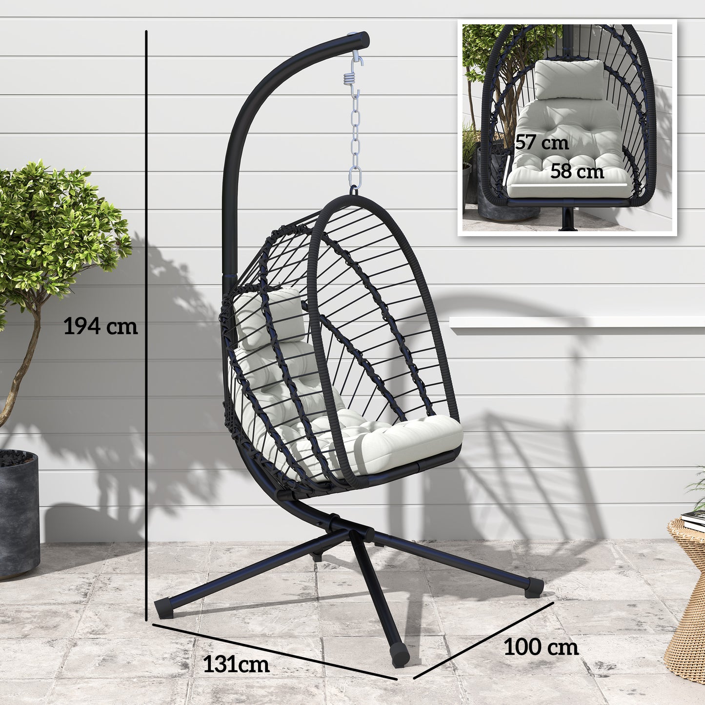 Outsunny Outdoor PE Rattan Swing Chair with Foldable Basket and Cushion, Garden Patio Hanging Egg Chair with Metal Stand, Headrest for Indoor and Outdoor, Black