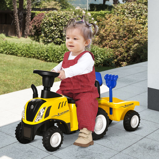 HOMCOM Compatible Baby Toddler Sliding Car NEW HOLLAND Licensed Foot to Floor Slider w/ Horn Storage Big Steering Wheel for 12-36 Months Yellow