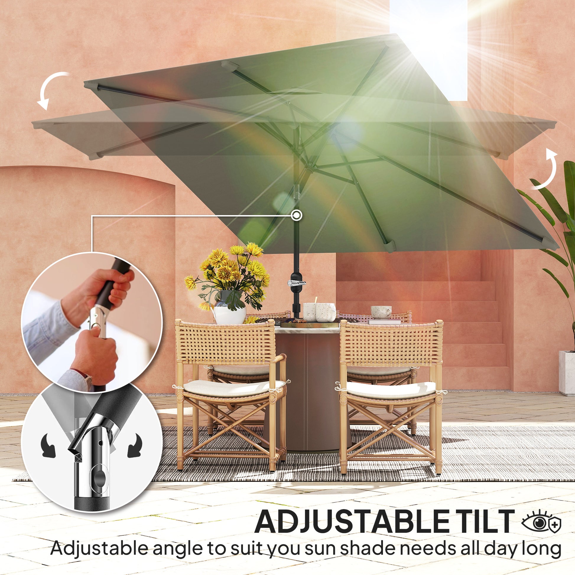 Outsunny 3x2m Patio Parasol Garden Umbrellas Canopy with Aluminium Tilt Crank Rectangular Sun Shade Steel, Light Grey