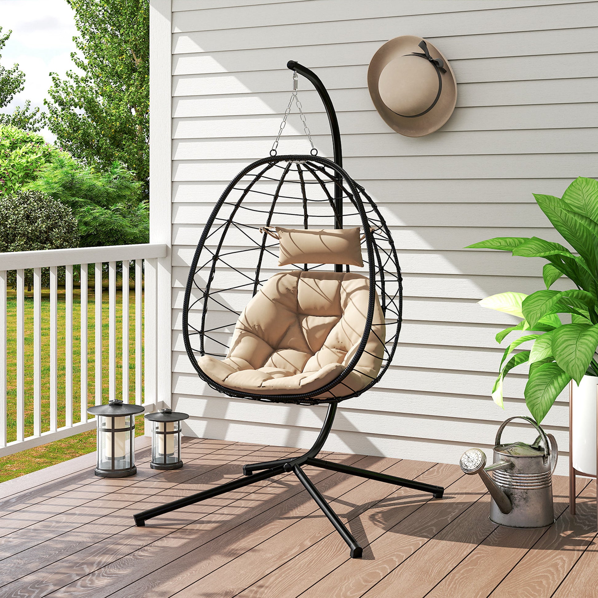 Outsunny Hanging Egg Chair Outdoor Indoor Garden Swing Chair with Folding Basket, Thickened Cushion, Garden Hanging Chair with Stand, Headrest for Patio, Balcony, Khaki