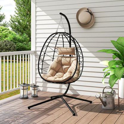 Outsunny Hanging Egg Chair Outdoor Indoor Garden Swing Chair with Folding Basket, Thickened Cushion, Garden Hanging Chair with Stand, Headrest for Patio, Balcony, Khaki