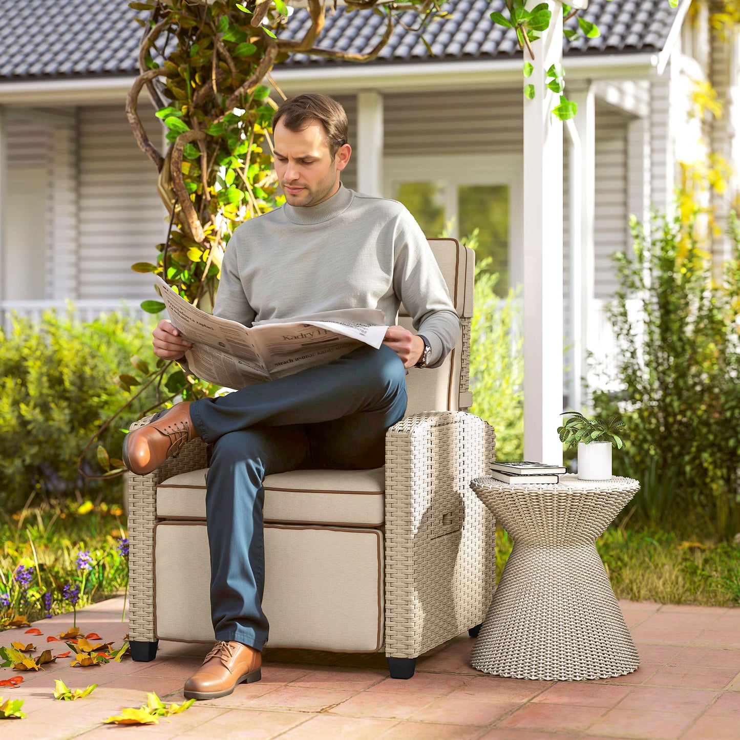 Outsunny 145° Reclining Rattan Armchair, with Footrest - Khaki/Beige