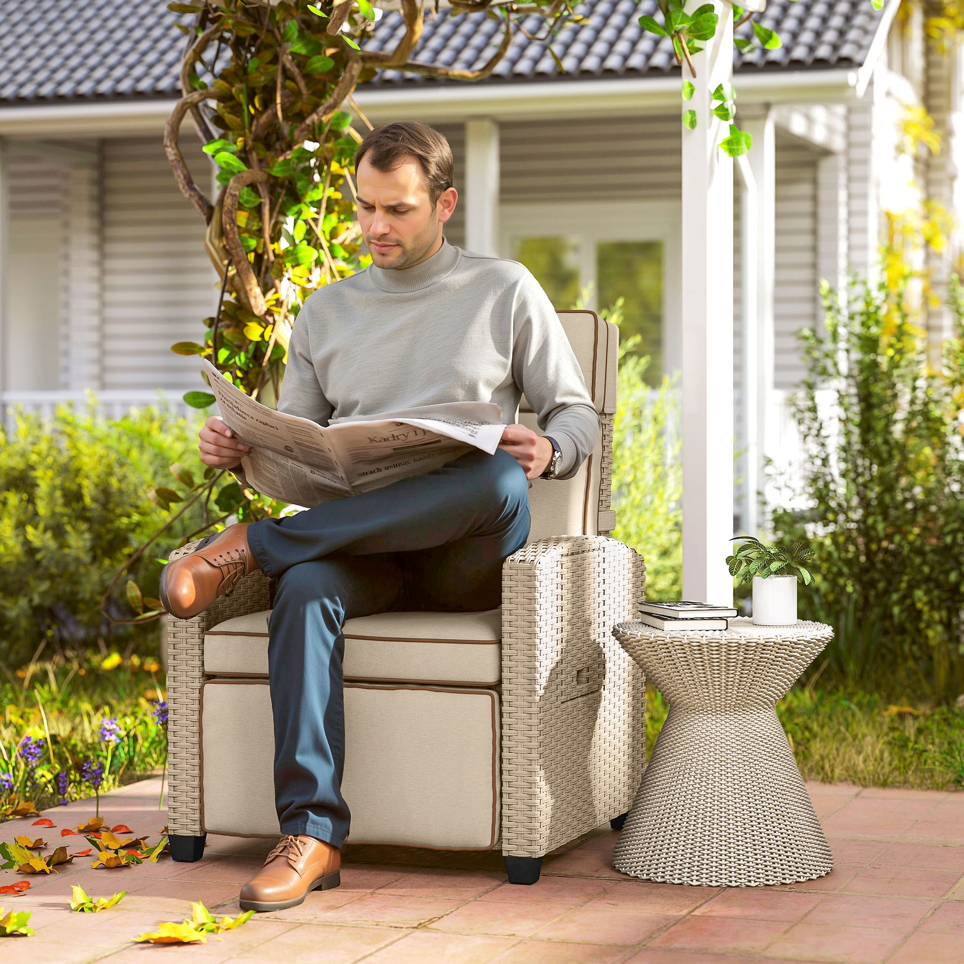 Outsunny 145° Reclining Rattan Armchair, with Footrest - Khaki/Beige