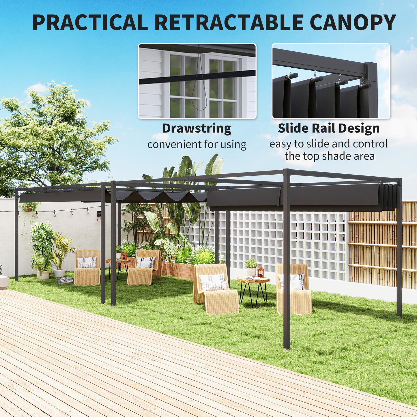 Outsunny 4 x 3m Metal Pergola, with Retractable Canopy Roof - Black