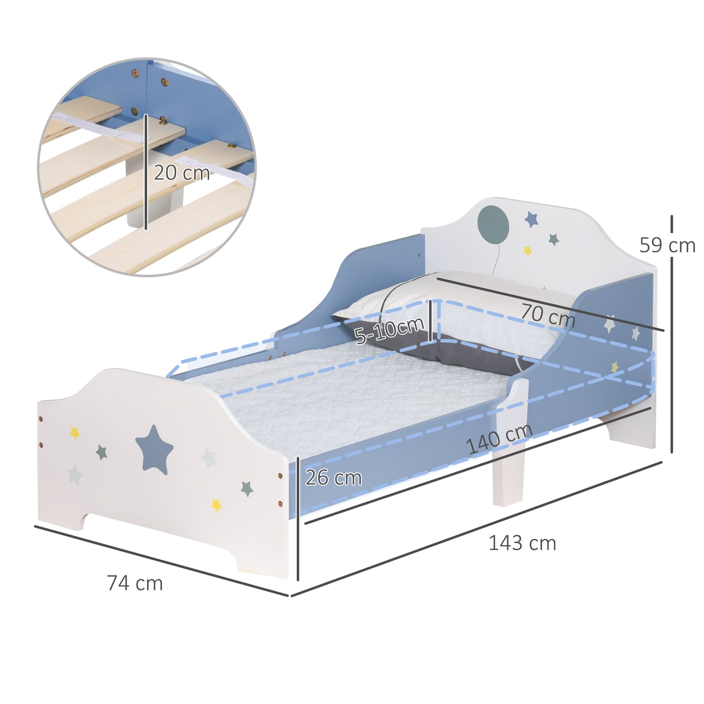 HOMCOM Kids Toddler Wooden Bed Round Edged with Guardrails Stars Image 143 x 74 x 59 cm Blue