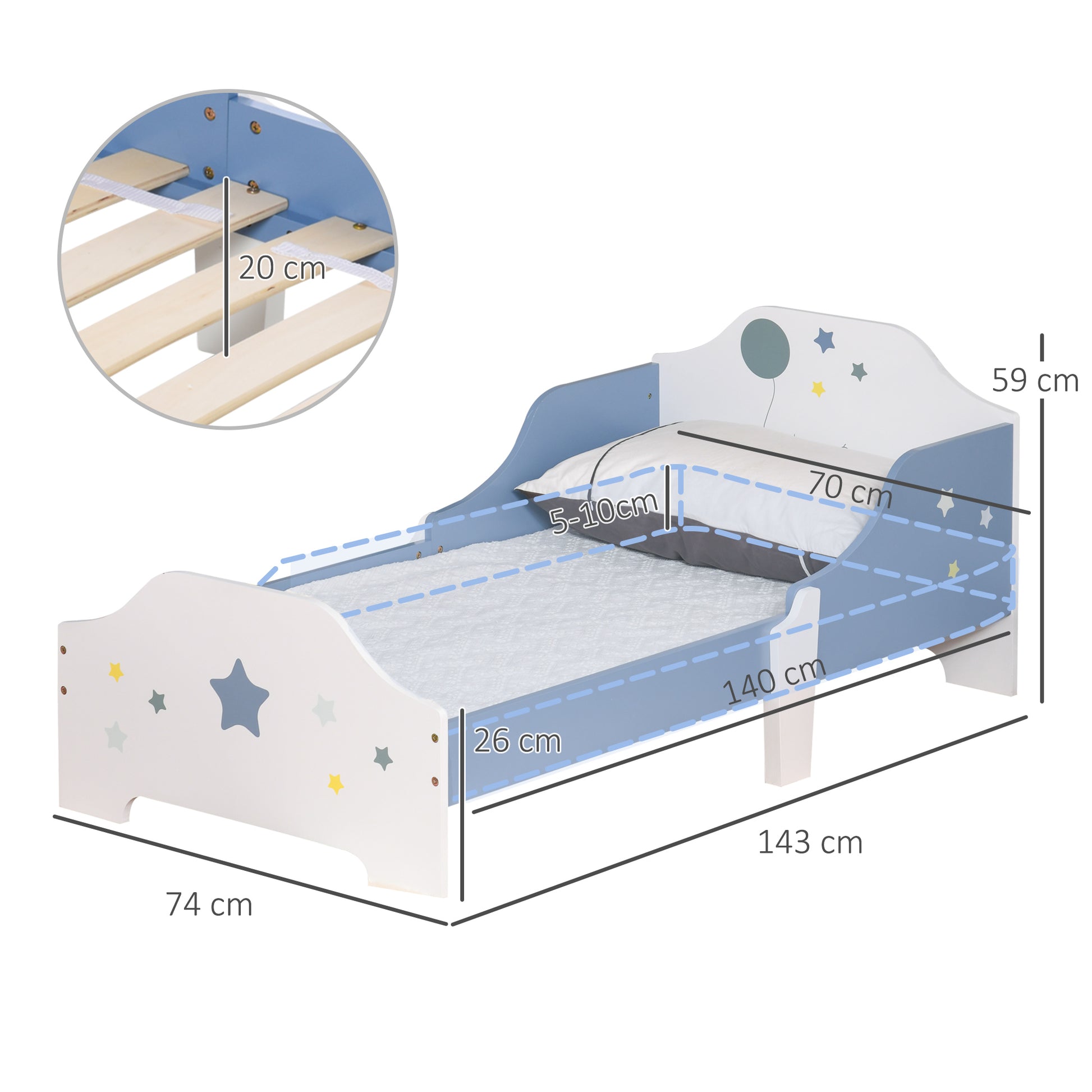 HOMCOM Kids Toddler Wooden Bed Round Edged with Guardrails Stars Image 143 x 74 x 59 cm Blue