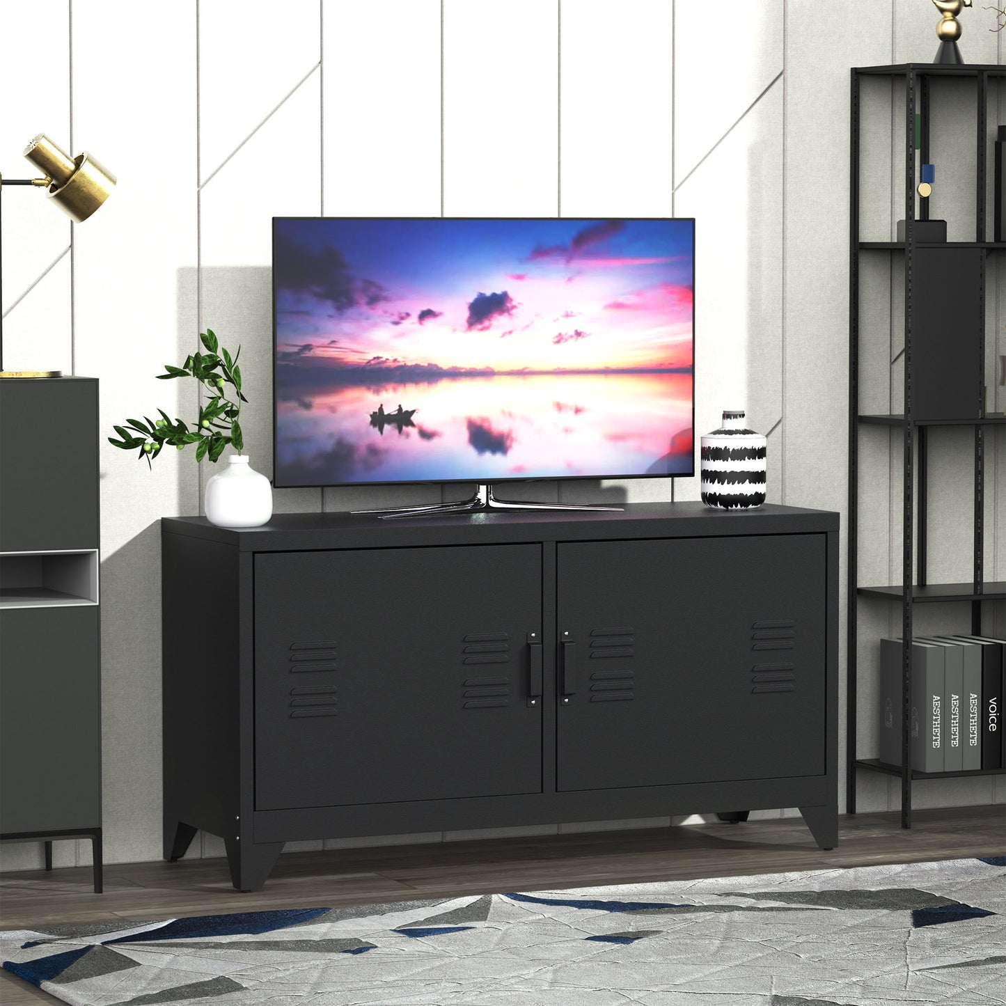 HOMCOM Industrial TV Cabinet Stand Media Center Steel Shelf Doors Storage System DVD Recorder Receiver Unit - Black
