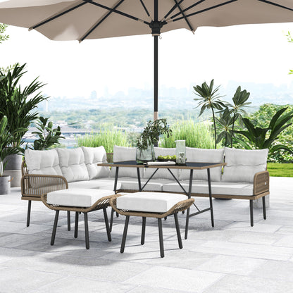 Outsunny 6 Piece Rattan Garden Furniture Set, 8 Seater Garden Corner Sofa with Cushions and Glass Top Table, Sectional Outdoor Furniture Conservatory Set for Patio, Cream White