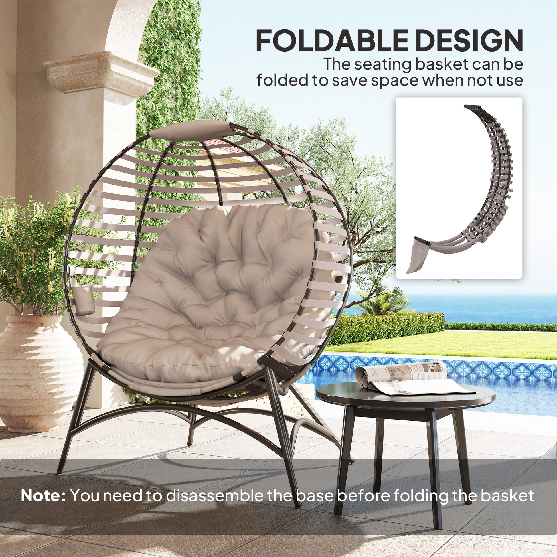 Outsunny Egg Chair with Cushion & Side Pocket - Light Grey