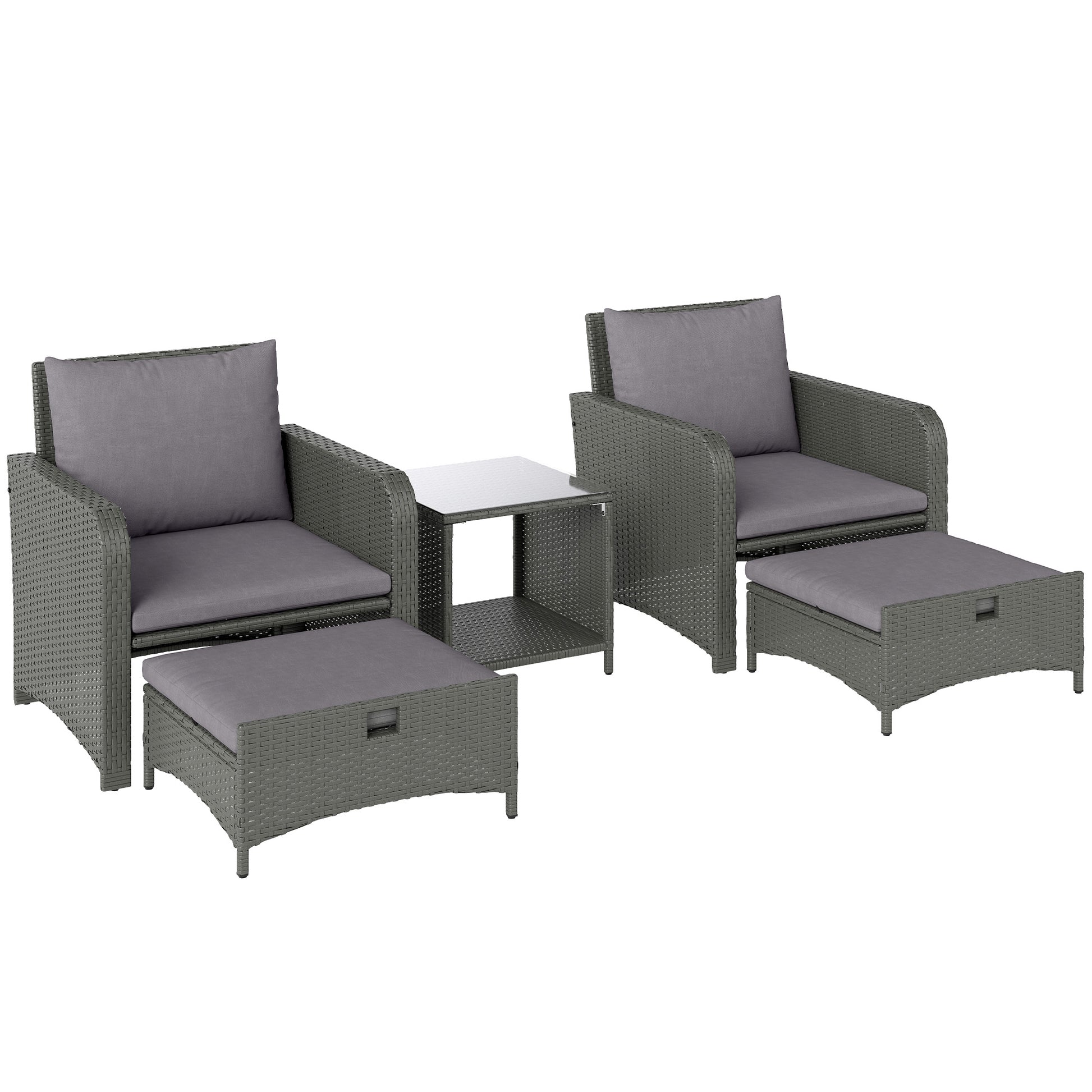 Outsunny Five Piece Rattan Garden Furniture Set with 2-Tier Coffee Table and Ottomans - Grey