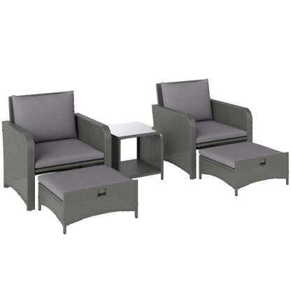 Outsunny Five Piece Rattan Garden Furniture Set with 2-Tier Coffee Table and Ottomans - Grey