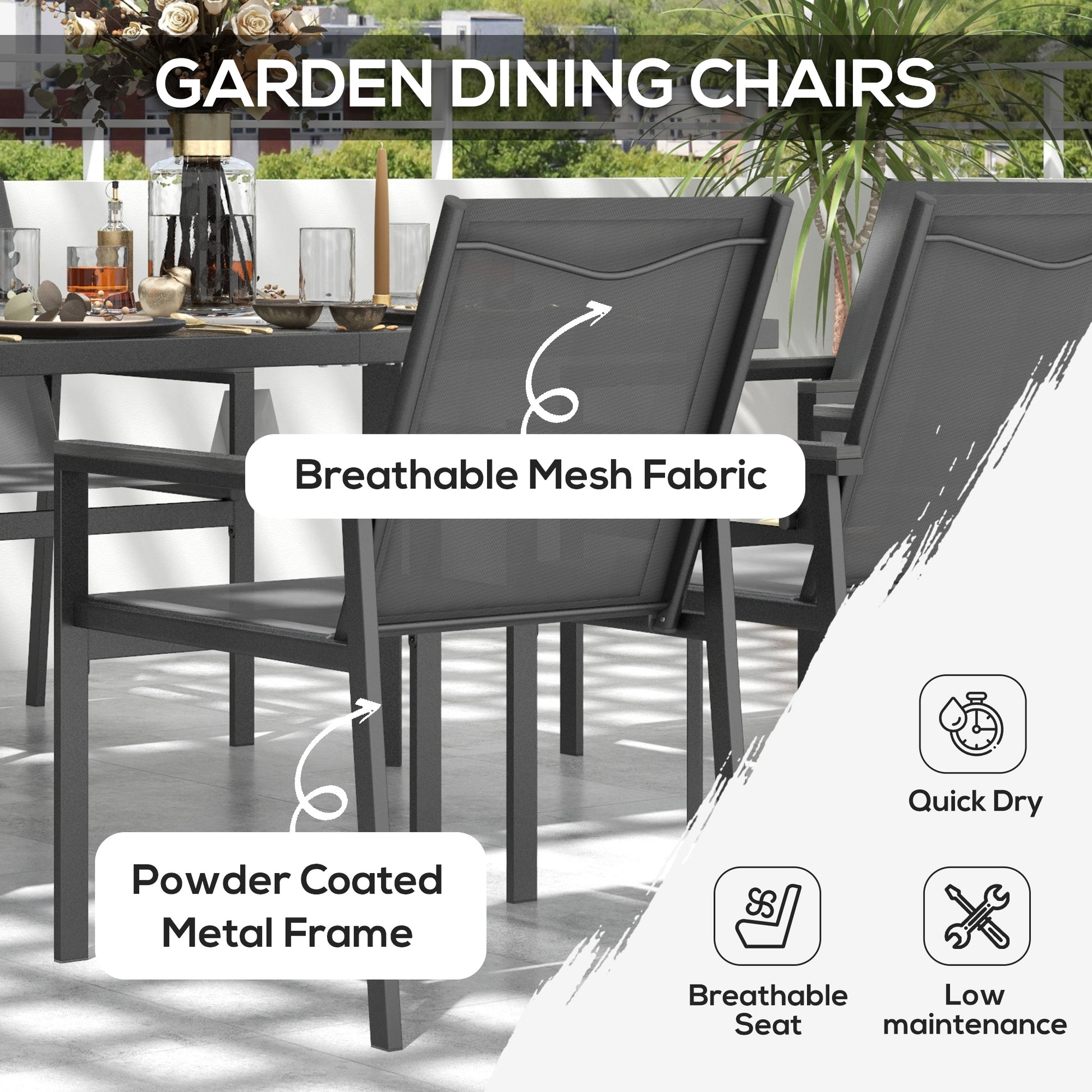 Outsunny Seven-Piece Metal Dining Set, with Glass-Top Table - Grey