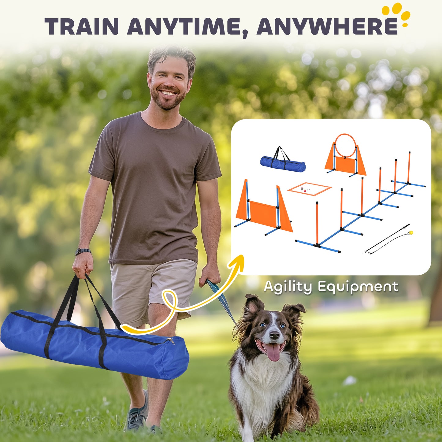 PawHut Seven-Piece Dog Agility Equipment Set with Weave Poles, Jump Ring, Hurdle, Pause Box, Carry Bag, Orange