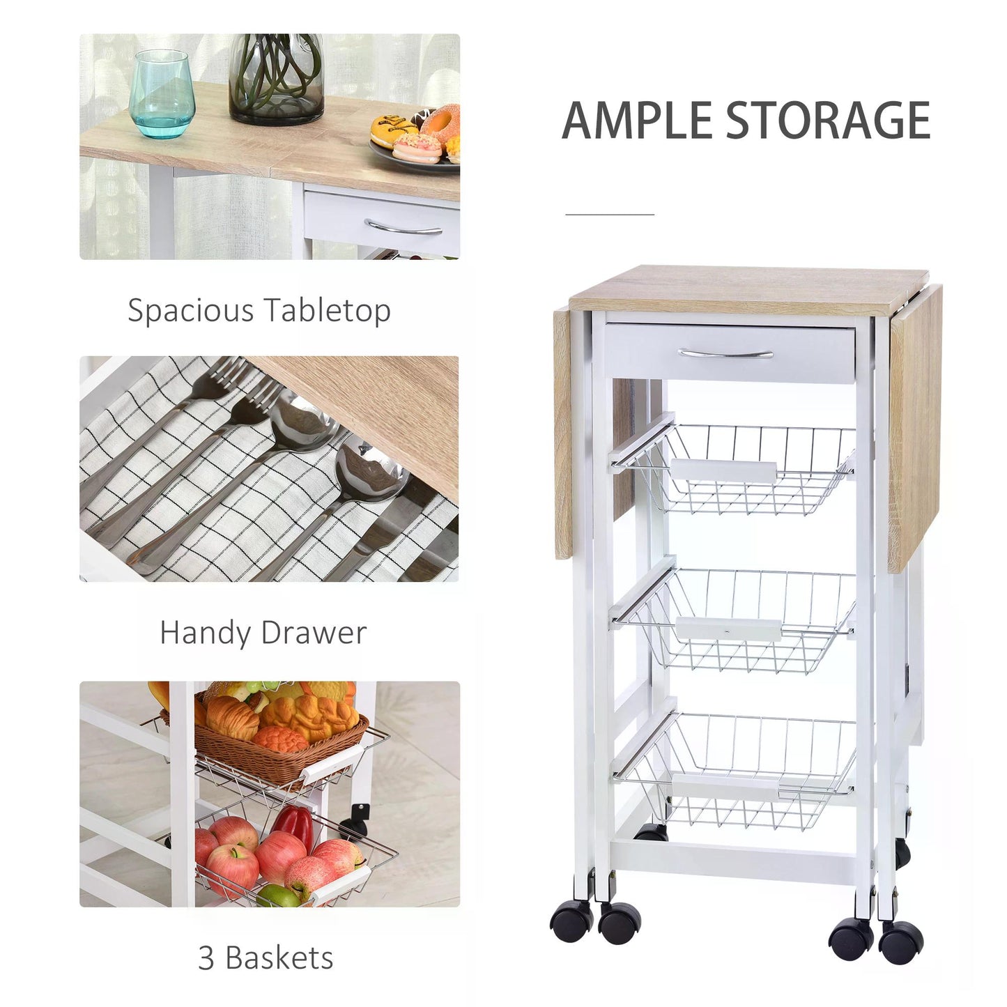 HOMCOM Drop-Leaf Kitchen Trolley w/ 3 Baskets Drawer Surface Top 6 Wheels Rolling Storage Unit Kitchen Home Dining Cart White Oak Tone