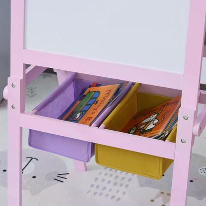 HOMCOM 3 In 1 Kids Wooden Art Easel with Paper Roll Double-Sided Chalkboard & Whiteboard with Storage Baskets Gift for Toddler Girl Age 3 Years+ Pink