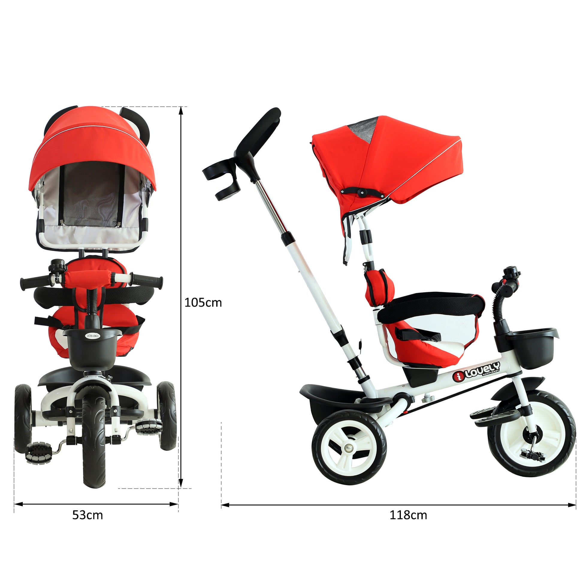 HOMCOM 4-in-1 Kids Tricycle Stroller W/ Canopy-Red