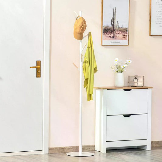 HOMCOM 174cm Free Standing Coat Rack Stand with 6 Hooks Clothes Tree Hat Display Hall Tree Hanger Hanging Organizer White