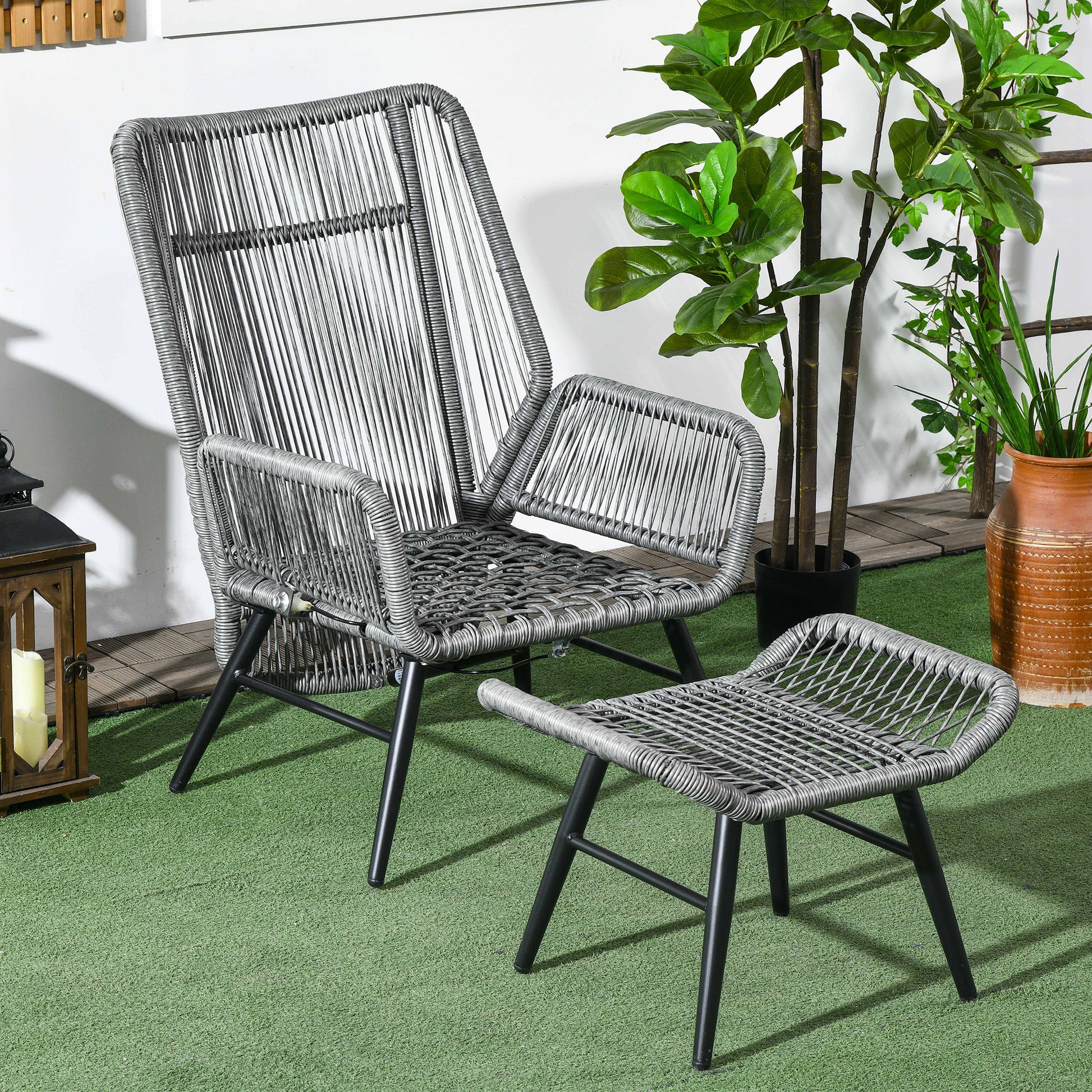 Outsunny String Rattan Armchair and Footstool Set, with Cushions - Grey
