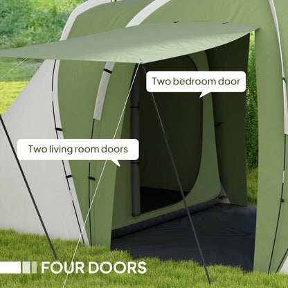 Outsunny Large Camping Tent Tunnel Tent with 2 Bedroom and Living Area, 2000mm Waterproof, Portable with Bag for 4-6 Man, Green