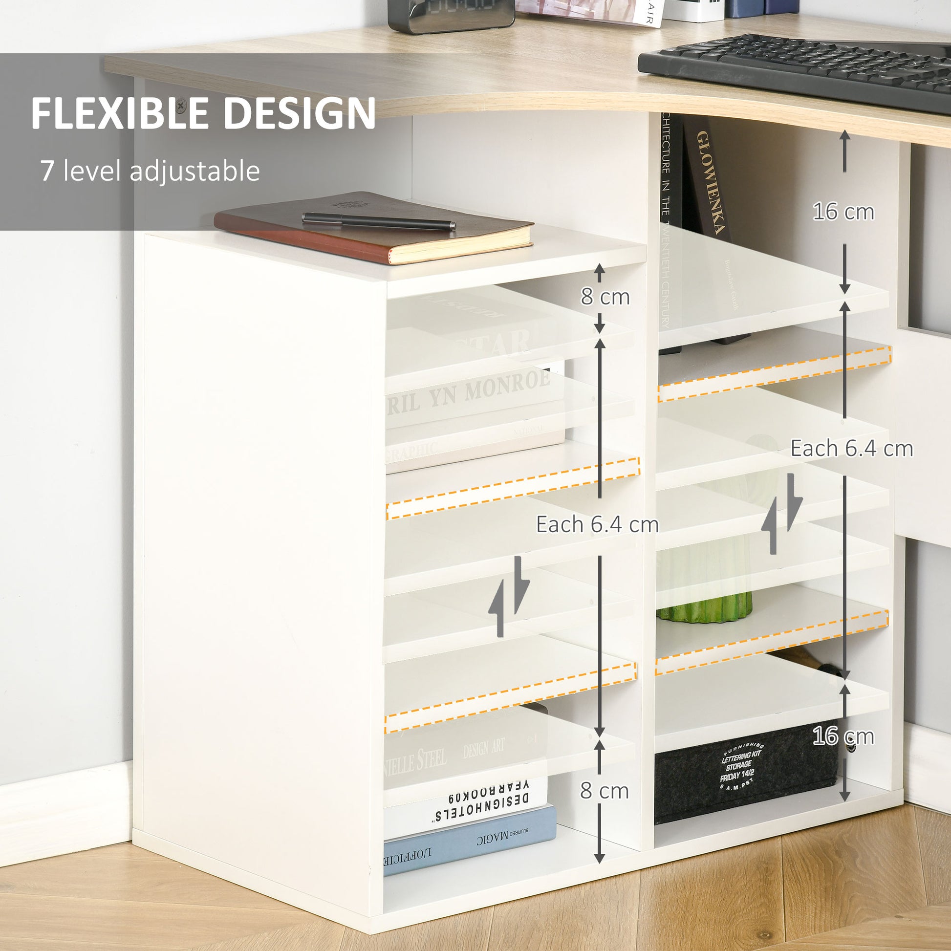 HOMCOM L-Shaped Corner Computer Desk Study Table PC Work w/ Storage Shelf Office Home Workstation - Oak Tone and White