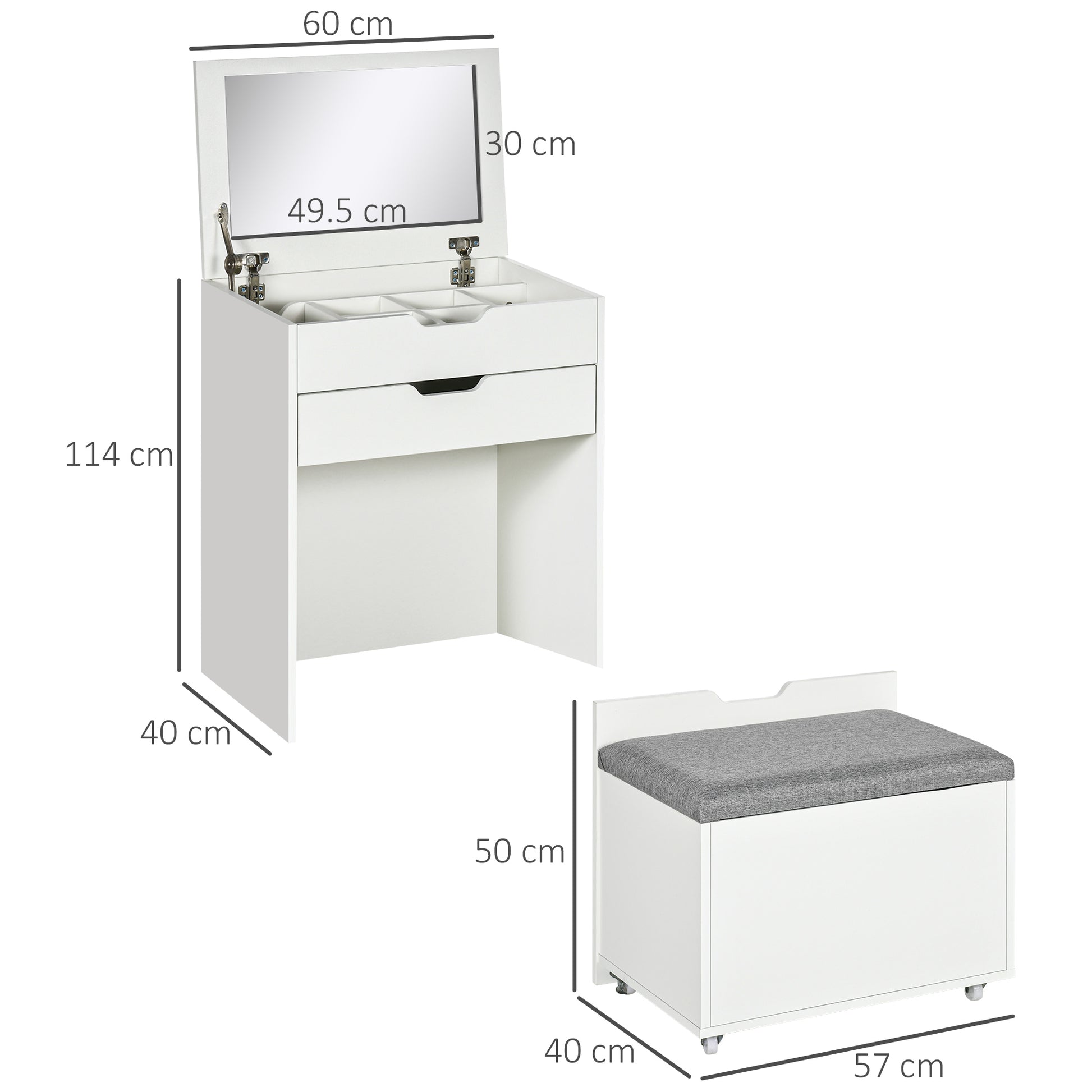 HOMCOM Dressing Table with Flip-up Mirror and Storage Stool, Vanity Table with Drawer and Hidden Compartments for Bedroom, Living Room, White