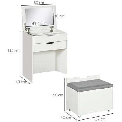 HOMCOM Dressing Table with Flip-up Mirror and Storage Stool, Vanity Table with Drawer and Hidden Compartments for Bedroom, Living Room, White