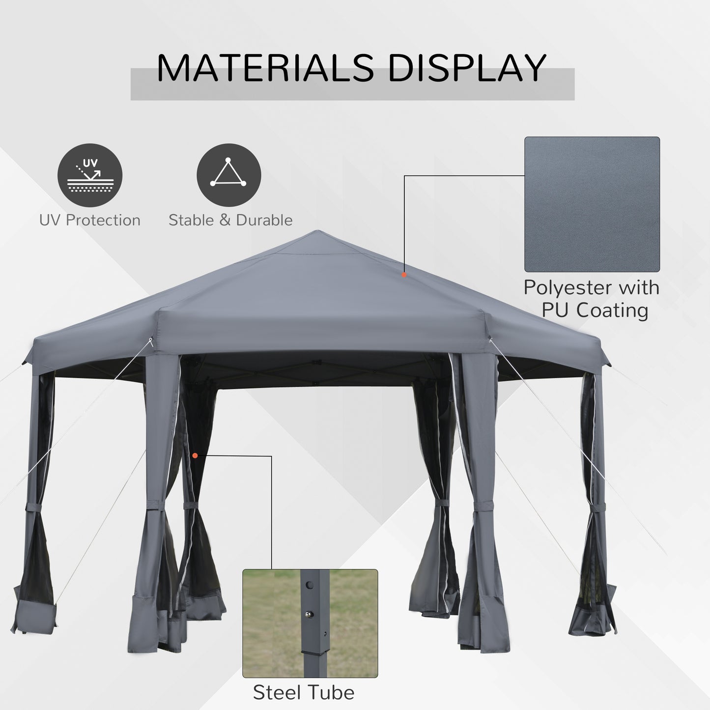 Outsunny 3.2m Canopy Rentals Pop Up Gazebo Hexagonal Canopy Tent Outdoor Sun Protection with Mesh Sidewalls, Handy Bag, Grey