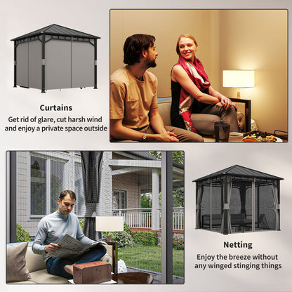 Outsunny 3 x 3(m) Hardtop Gazebo with Galvanised Steel Roof and Water Gutter, Waterproof Permanent Pavilion Garden Gazebo with Netting and Curtains for Patio, Deck