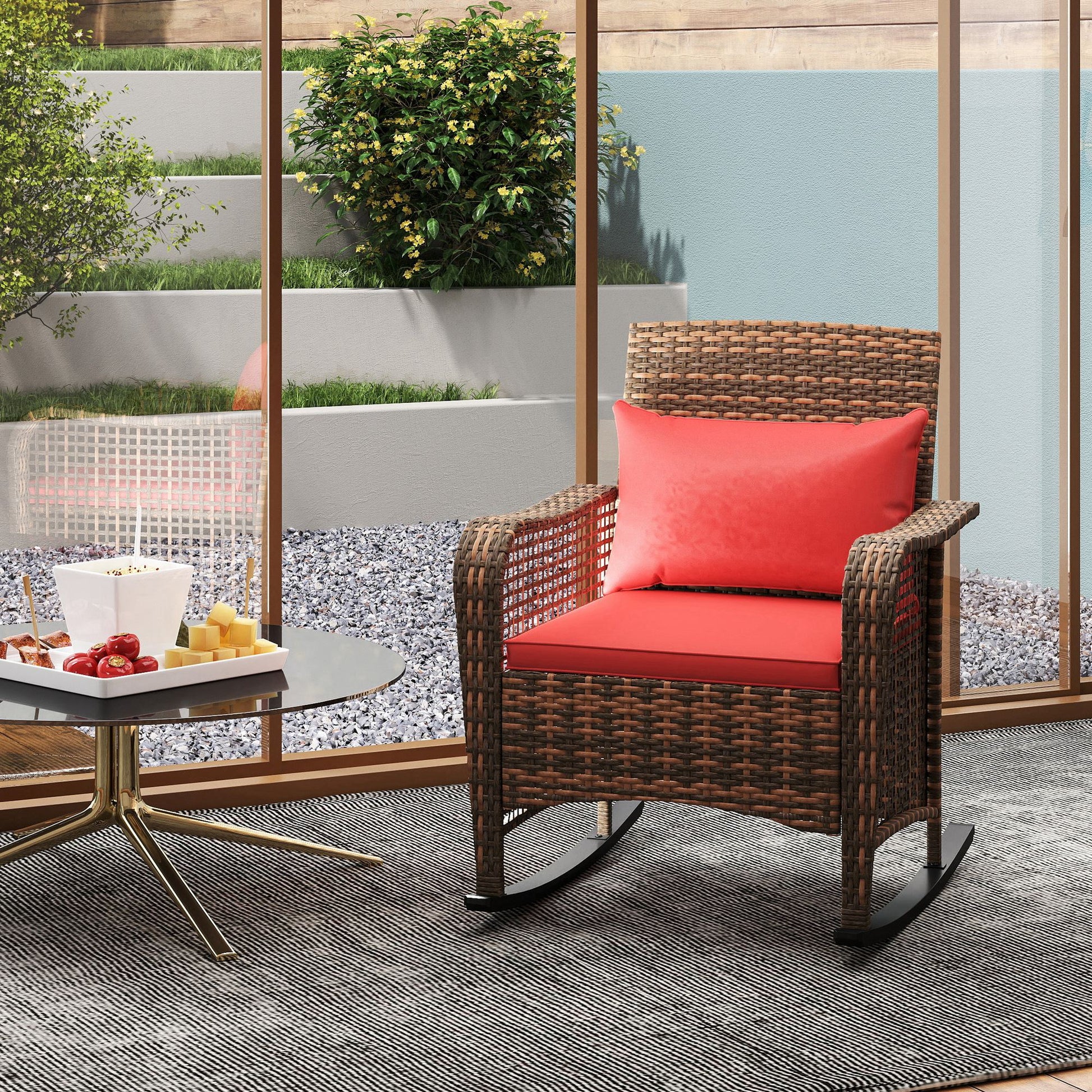 Outsunny Rattan Rocking Chair - Red