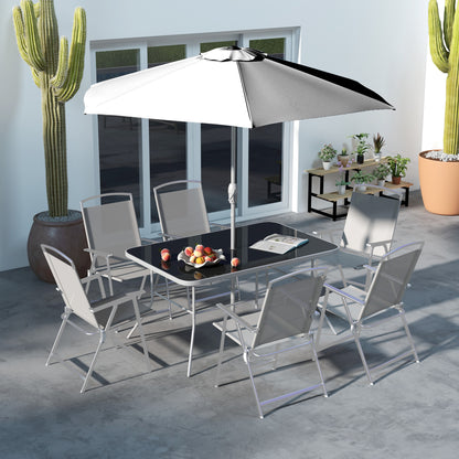 Outsunny Eight-Piece Garden Dining Set, with Chairs, Table and Parasol - Grey