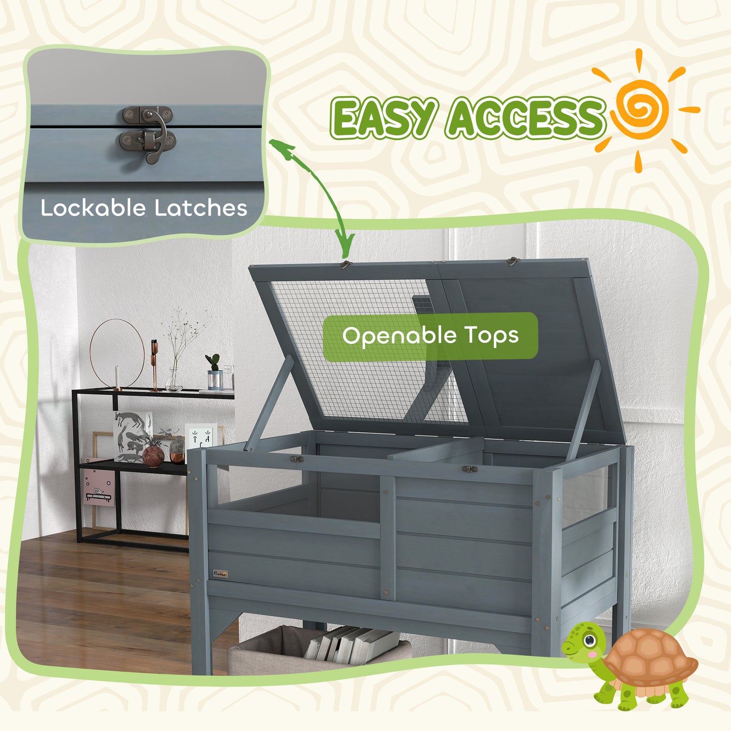 PawHut Wooden Tortoise House, with Shelter, Run, Shelf, Lamp Holder, Tray, Grey