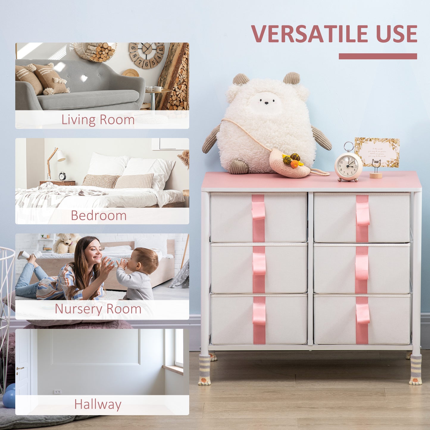 HOMCOM Chest of Drawers, Cloth Organizer Unit with 6 Fabric Drawers, Metal Frame and Wooden Top, Storage Cabinet for Kids Room, Living Room, Pink