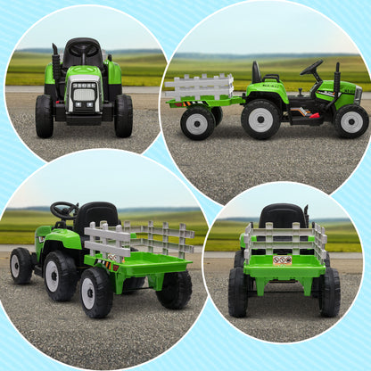 HOMCOM Electric Ride on Tractor w/ Detachable Trailer, 12V Kids Battery Powered Electric Car w/ Remote Control, Music for Kids Aged 3-6, Green