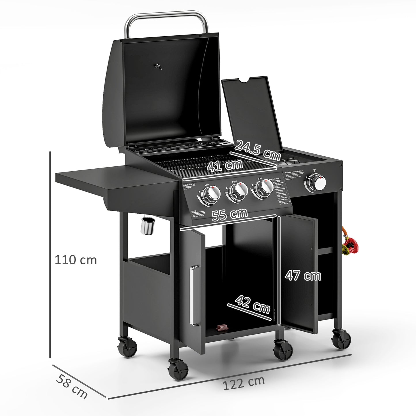Outsunny 3+1 Burner Gas BBQ Grill with Storage Cabinet and Shelves, 9.5 kW Gas Barbecue Trolley with 6 Castor Wheels, Warming Rack, Thermometer for Outdoor Cooking Garden Party, Black