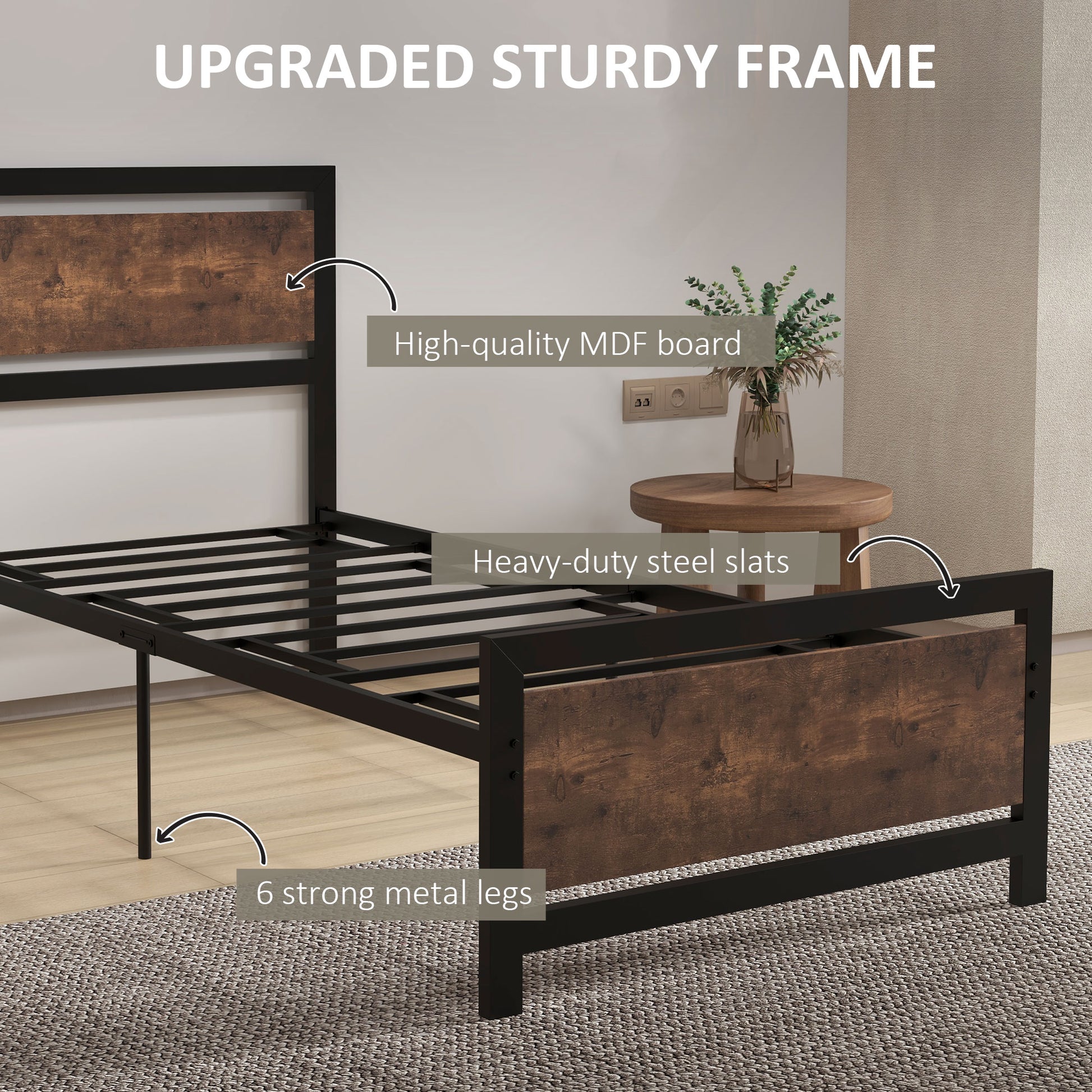 HOMCOM Single Metal Bed Frame with Headboard & Footboard, Strong Slat Support Solid Bedstead Base w/ Underbed Storage Space, No Box Spring Needed