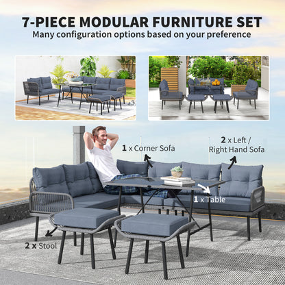 Outsunny 6 Piece Rattan Garden Furniture Set, 8 Seater Garden Corner Sofa with Cushions and Glass Top Table, Sectional Outdoor Furniture Conservatory Set for Patio, Charcoal Grey