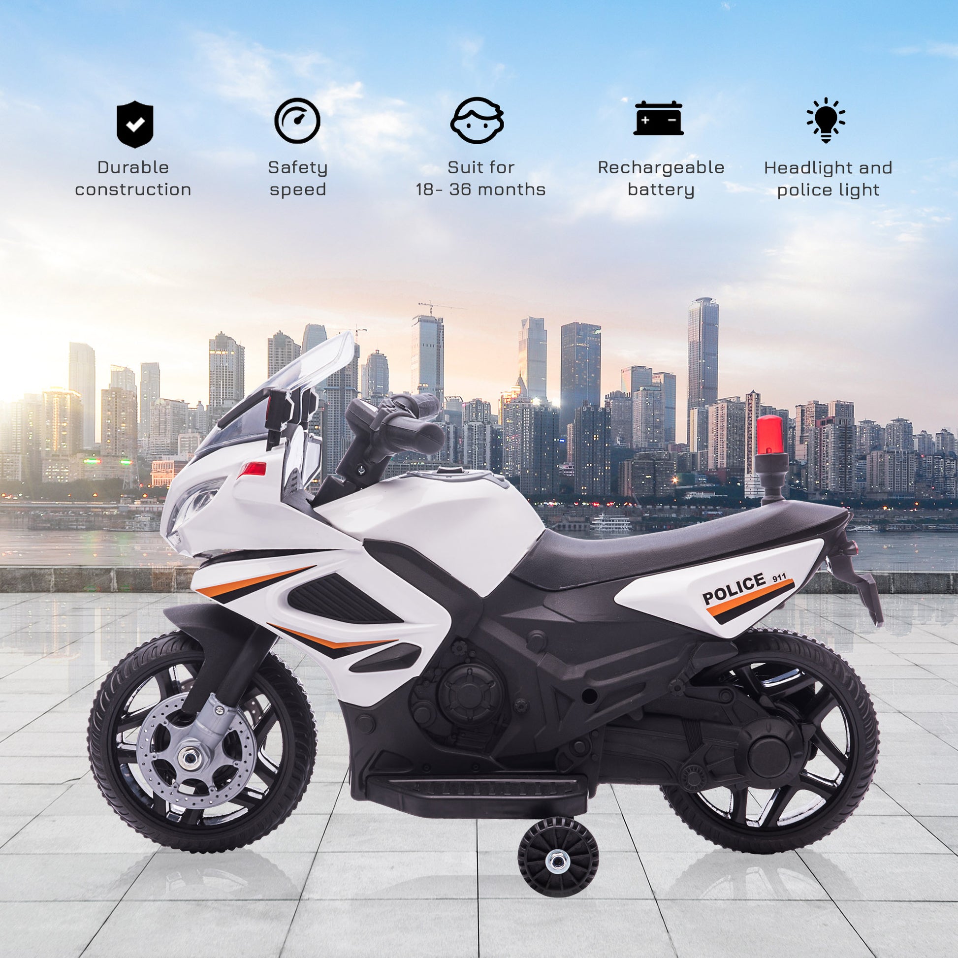 HOMCOM Kids 6V Electric Ride On Motorcycle Police Car Vehicle w/ Lights Horn Realistic Sound Outdoor Play Toy for 18 - 36 months White