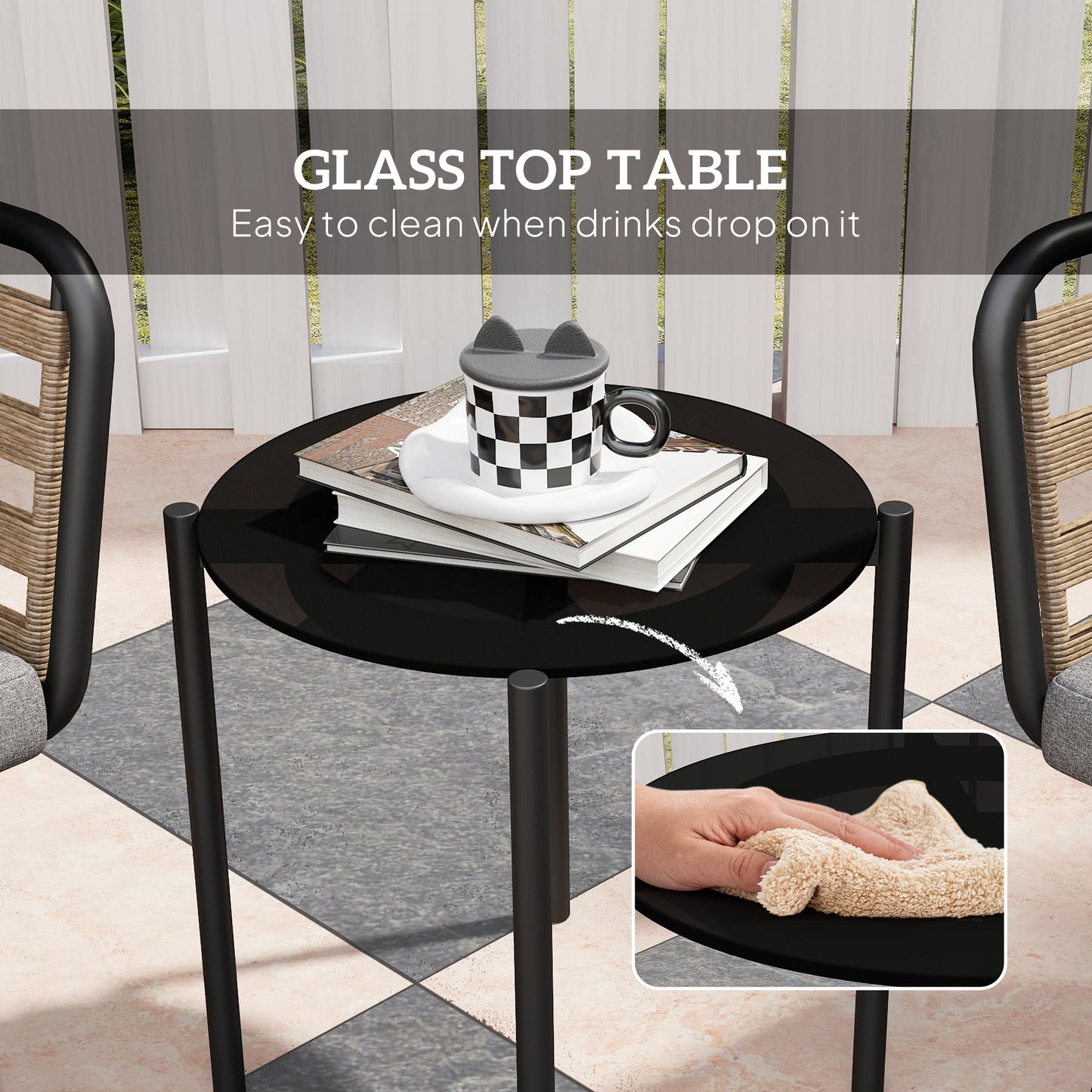 Outsunny 3 Pieces Rattan Bistro Set with Washable Seat and Back Cushions, Glass Top Coffee Table, for Outdoor, Patio, Black