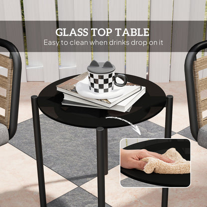 Outsunny 3 Pieces Rattan Bistro Set with Washable Seat and Back Cushions, Glass Top Coffee Table, for Outdoor, Patio, Black